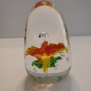 Hand Blown Paperweight with Orange Flower Condition: